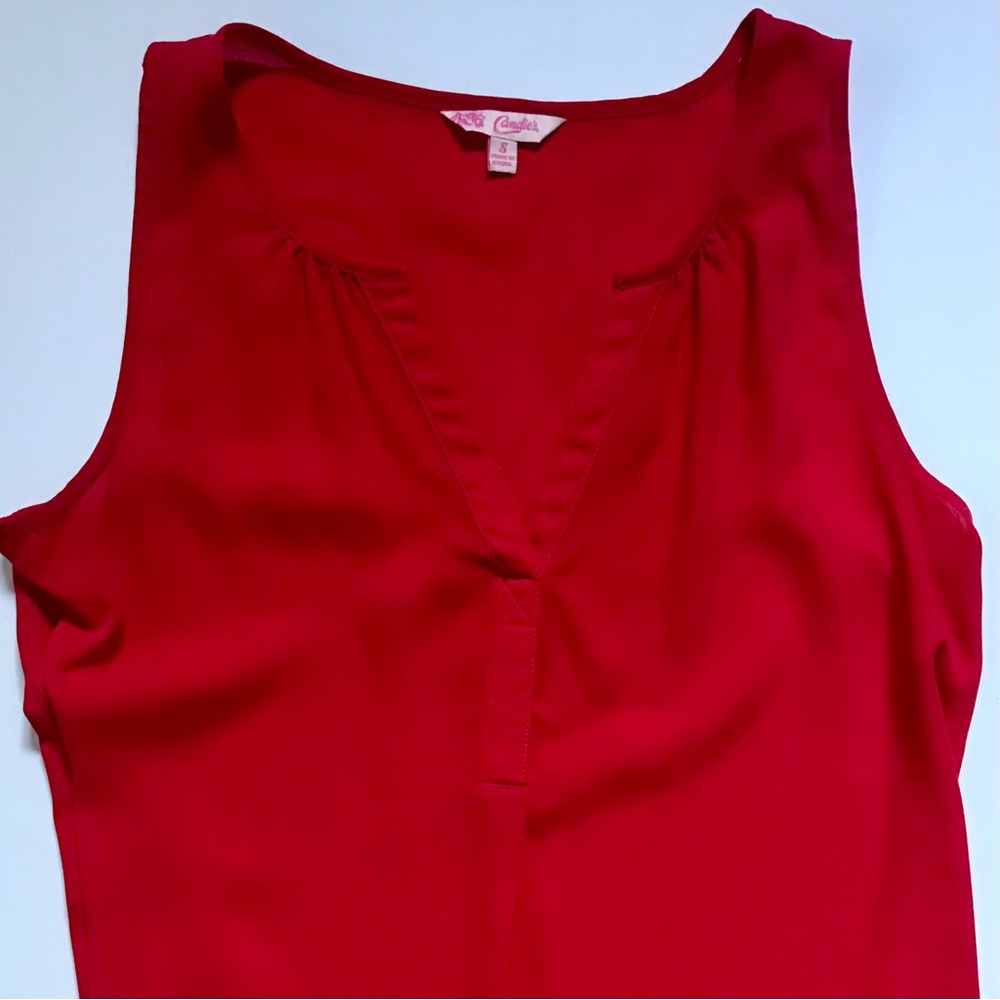 CANDIE’S Festive Ruby Red Sleeveless Hi Low V Neck Camisole Shell Blouse